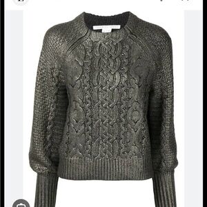 Veronica Beard Green Metallic Cable Knit Sweater